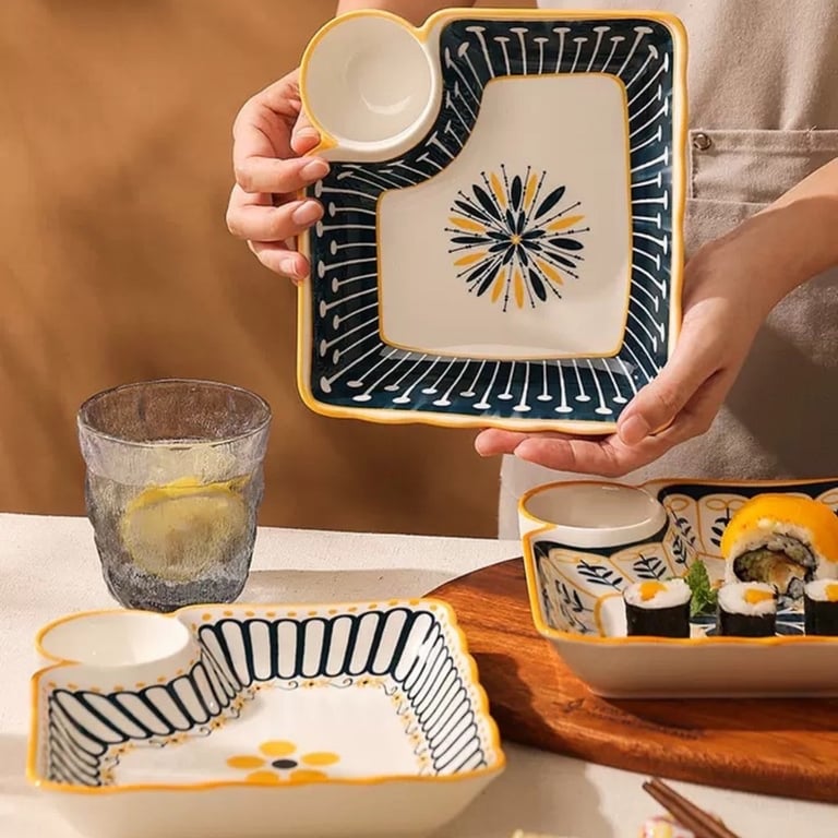 Bộ 4 đĩa kèm bát chấm phong cách retro 18cm