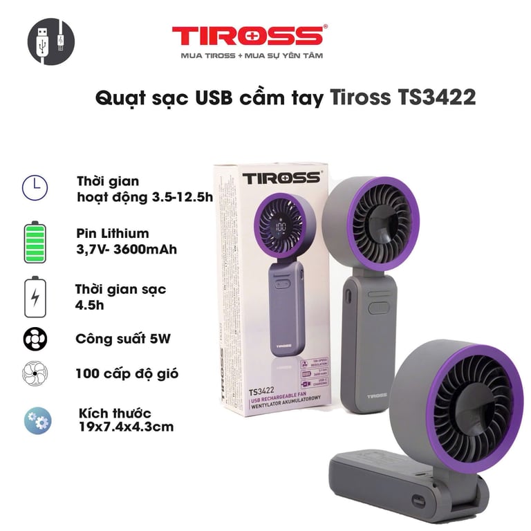 Quạt sạc USB cầm tay mini Tiross TS3422