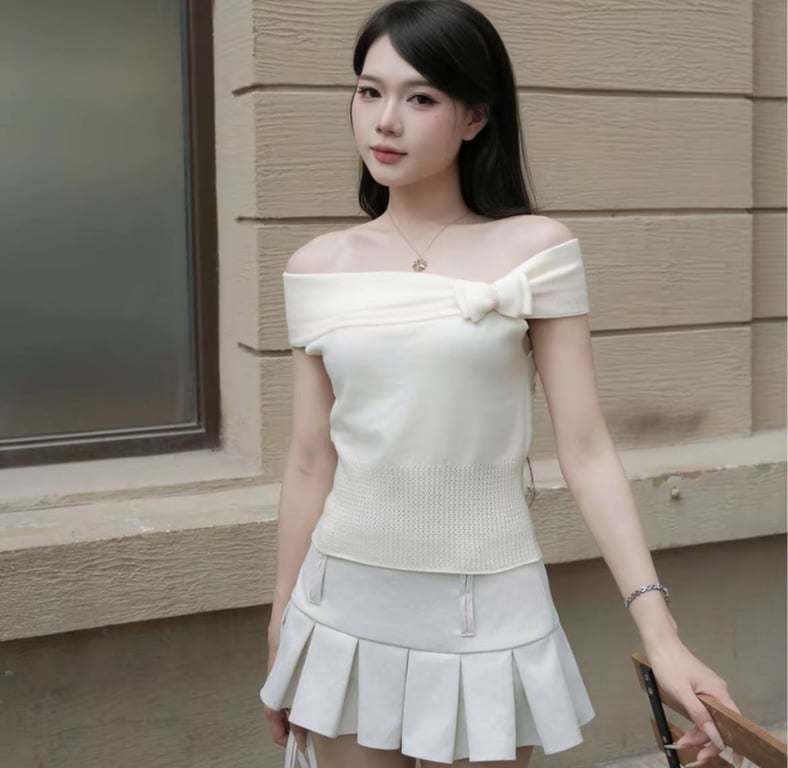 Set áo len dệt kim trễ vai kem