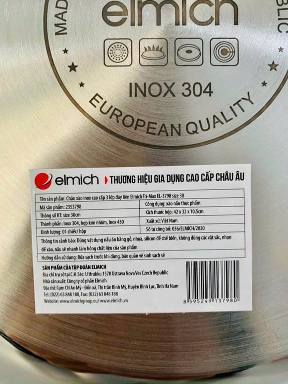 CHẢO XÀO INOX CAO CẤP 3 LỚP ĐÁY LIỀN ELMICH TRIMAX EL3798