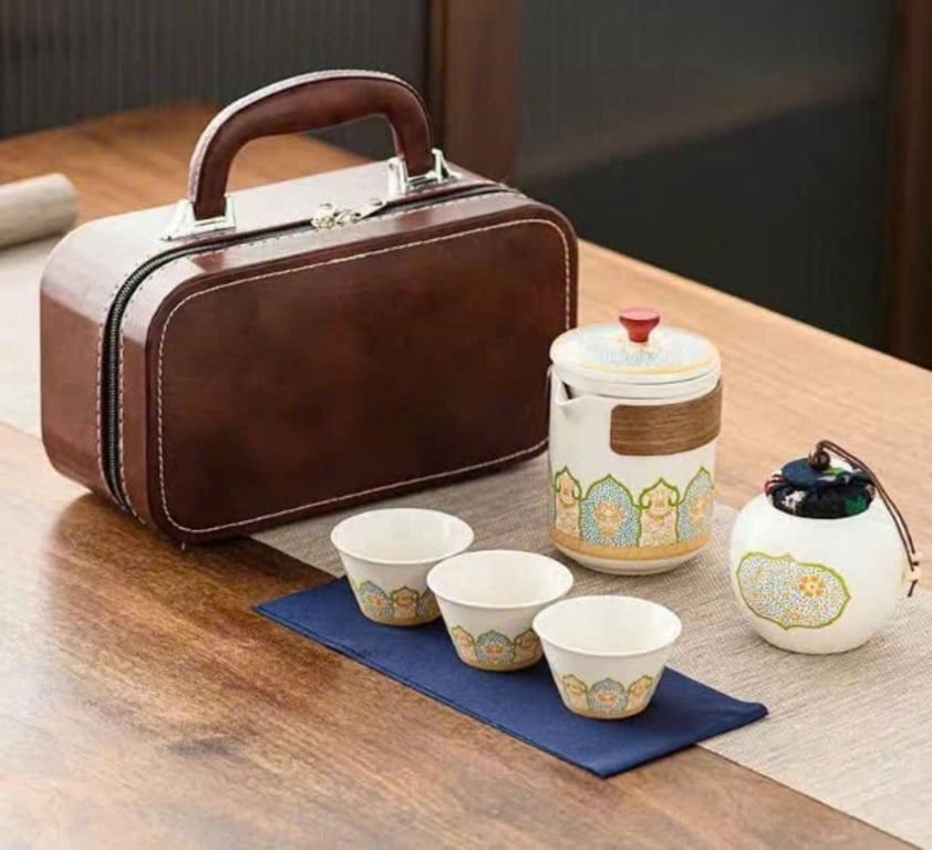 BỘ HỘP TRÀ SỨ KÈM TÚI DA CAO CẤP DẠNG HỘP phong cách Nhật Bản (6 món)