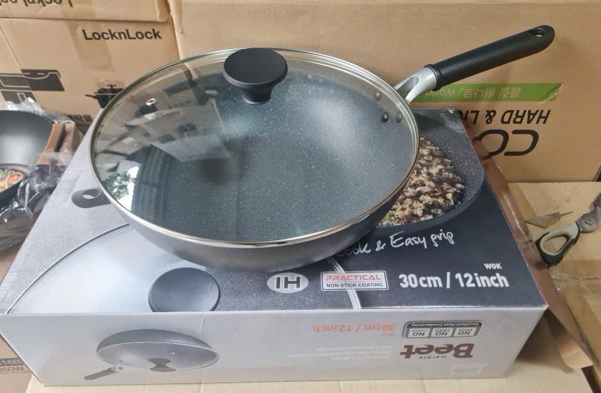 CHẢO CHỐNG DÍNH SIZE LỚN KÈM NẮP BEET MARBLE WOK LOCKNLOCK LED4306M - 30CM