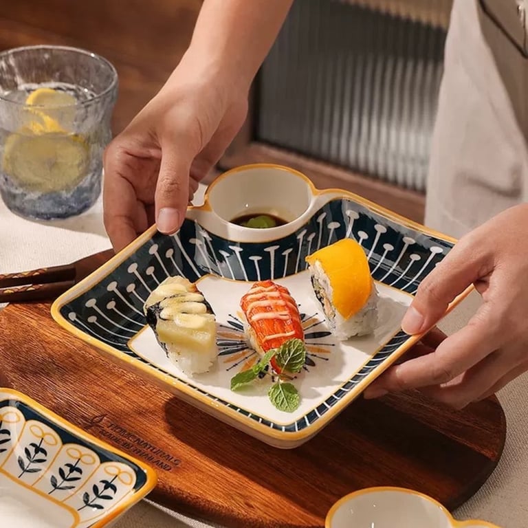 Bộ 4 đĩa kèm bát chấm phong cách retro 18cm