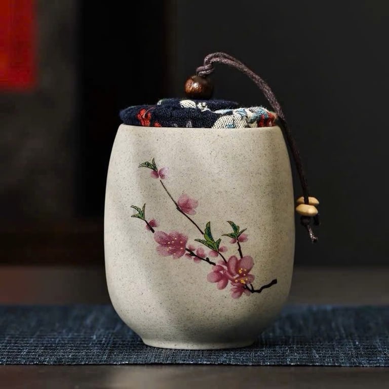 Hũ đựng trà gốm thô họa tiết hoa Mai_Lan_Cúc_Trúc