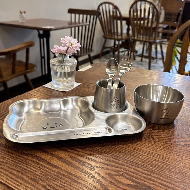 🐥 Bộ đồ ăn dặm inox 5 món hoạt hình siêu dễ thương