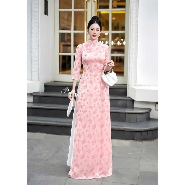 Áo dài hồng hoa cổ đính hoa - AD050