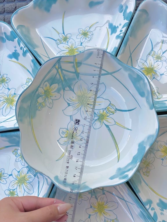 Bộ bát đĩa hoa mặt trời hoa văn xanh thanh thiên