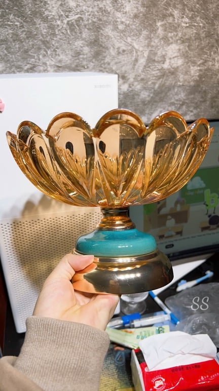 Đĩa Mứt chân đồng đựng hoa quả, Khay đựng bánh kẹo Thủy Tinh