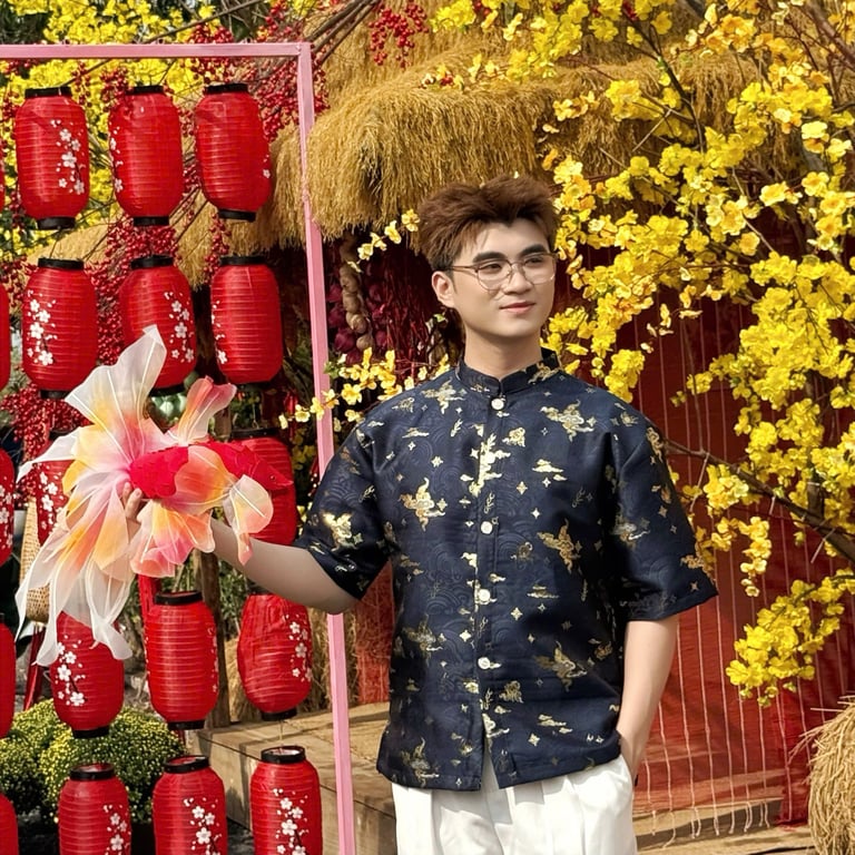 Áo nam ngắn gấm xanh dương