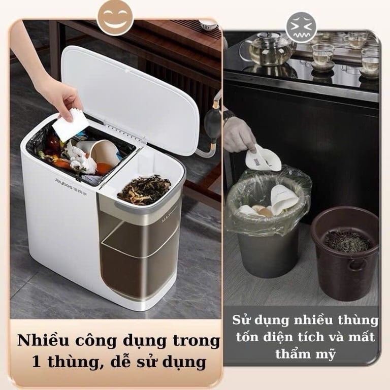 THÙNG RÁC CHIA 2 NGĂN KHÔ - ƯỚT THÔNG MINH CÓ RỔ LỌC JOYBOS