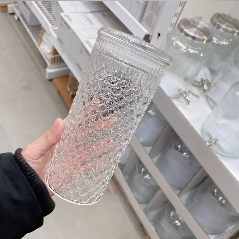 Ly thủy tinh có nắp kèm ống hút phiên bản vảy cá 650ml