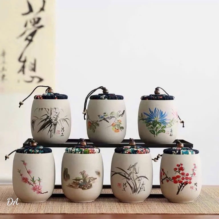 Hũ đựng trà gốm thô họa tiết hoa Mai_Lan_Cúc_Trúc
