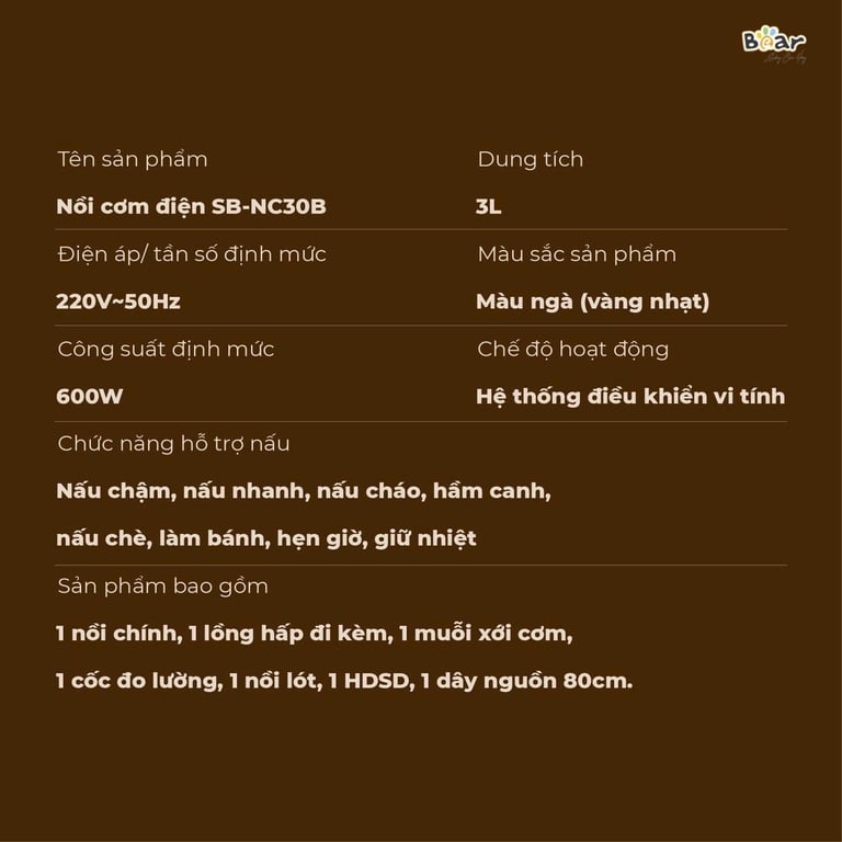NỒI CƠM ĐIỆN BEAR NC30B BẢN TIẾNG VIỆT 3 lít