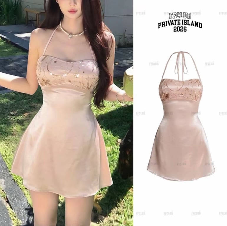 Đầm lụa ngắn vanilla phối ren kim sa