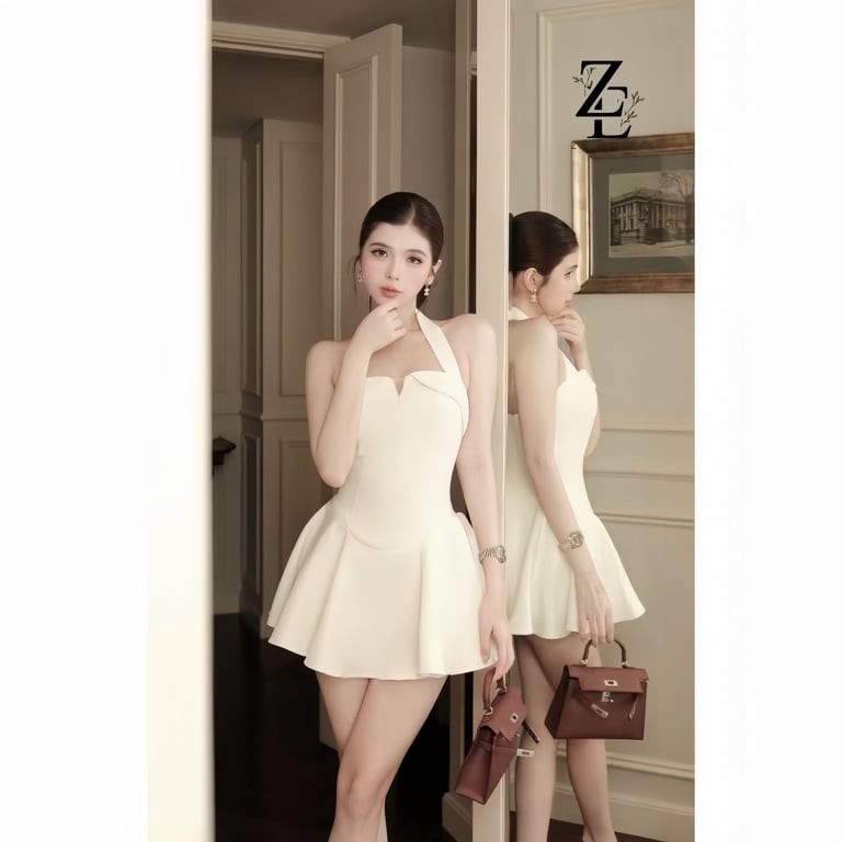 Váy trắng cổ yếm dáng xoè ngắn