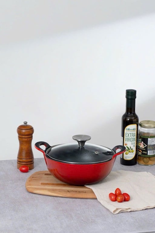 Chảo gang OCENO sâu lòng kèm vung kính (màu đỏ, màu xanh)sz 20-25cm