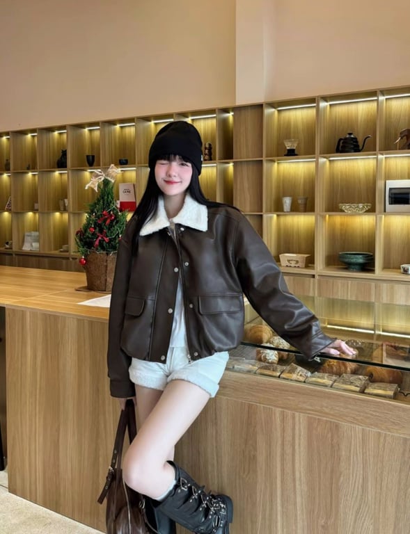 Áo da nâu phối cổ lông