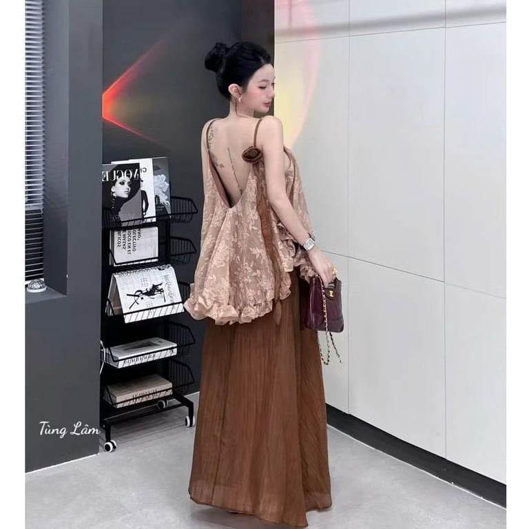 Đầm Maxi Tơ Hai màu Nâu Du Lịch Biển Siêu Xinh, Hàng QCCC
