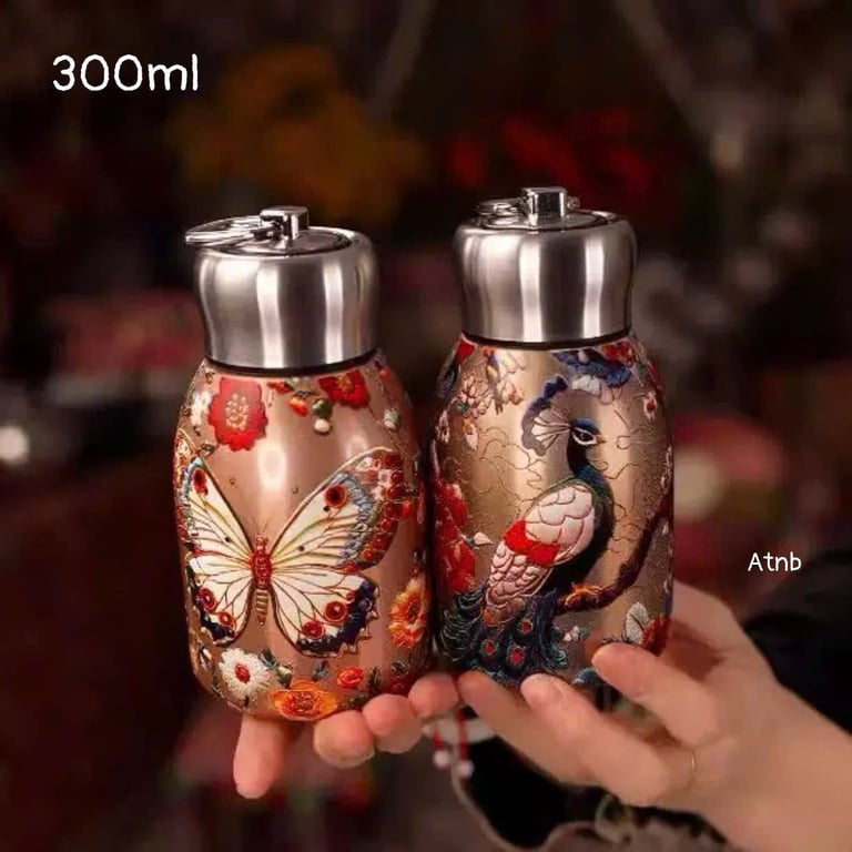 BÌNH GIỮ NHIỆT INOX 316 MINI 300ML CÓ QUAI XÁCH HỌA TIẾT HOA VINTAGE