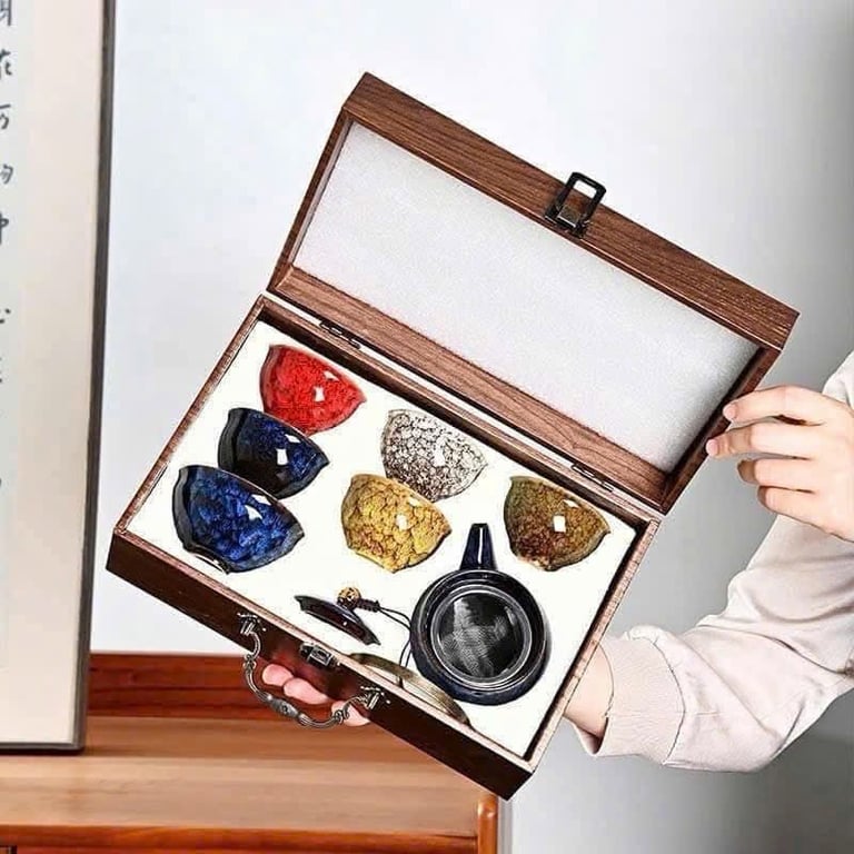 Bộ ấm chén ngũ hành phong thuỷ kèm hộp gỗ .