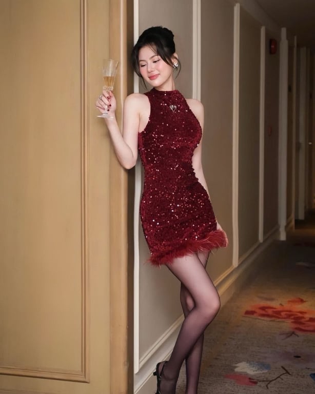 Đầm kim sa đỏ phối lông ngắn