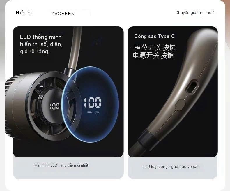 QUẠT ĐEO CỔ DI ĐỘNG – PIN TRÂU, MÀN HÌNH LED, XOAY 360°