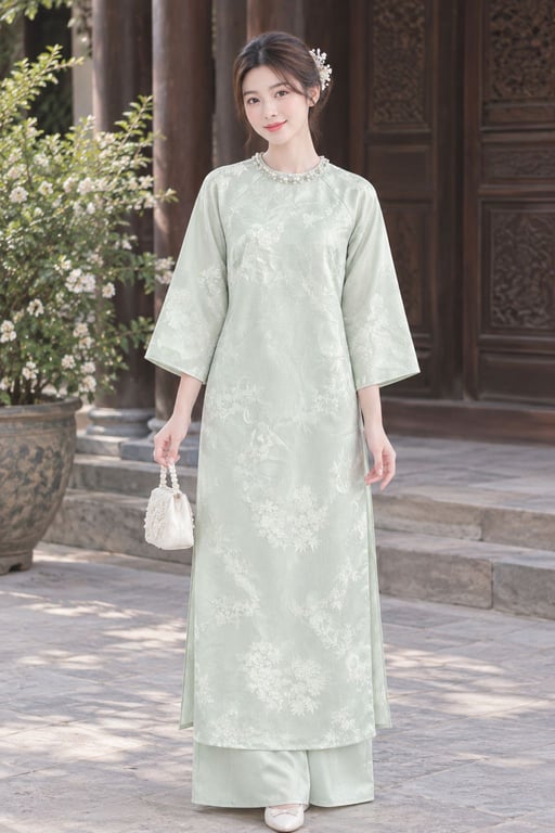AD gấm vân cổ tròn - xanh ngọc (có bigsz)