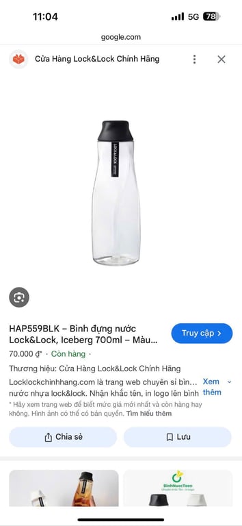 BÌNH ĐỰNG NƯỚC LOCK&LOCK 700ML HAP559BLK