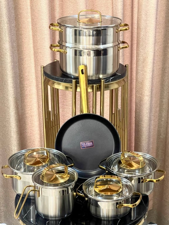 Bộ nồi inox 3 đáy 7 món kèm xửng hấp Gold Max