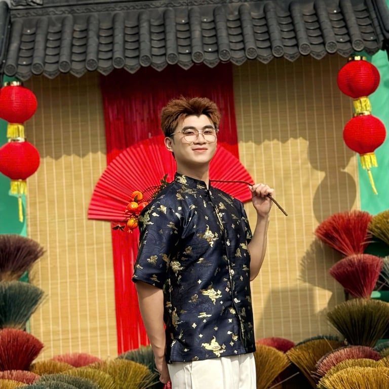 Áo nam ngắn gấm xanh dương