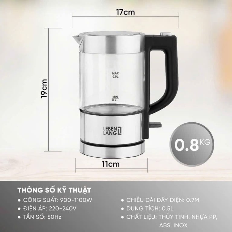 ẤM SIÊU TỐC THUỶ TINH CAO CẤP LEBENLANG 500Ml LBL2809