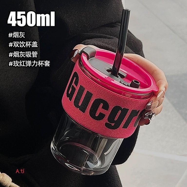 Cốc thủy tinh kèm bọc vải cao cấp có nắp và ống hút thủy tinh