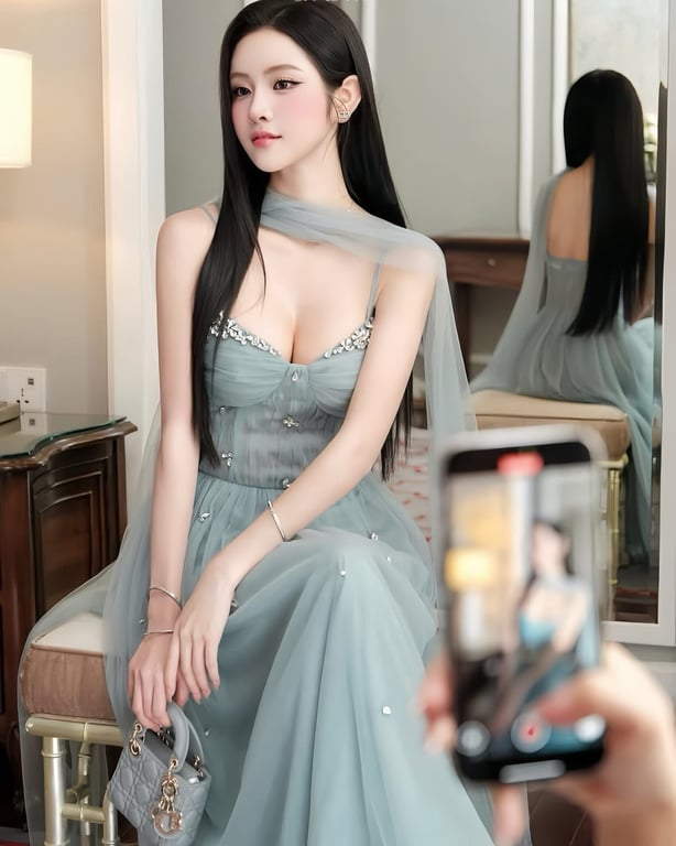 Đầm 2 dây kèm khăn voan xanh dương - DT288