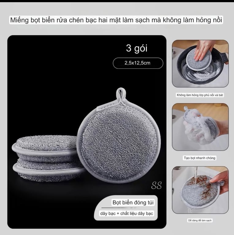 Set 3 miếng bọt biển kèm Cọ rửa xoong nồi