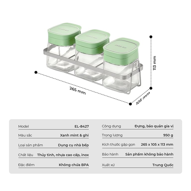 🍋 Lọ đựng gia vị Elmich kèm giá inox và thìa siêu tiện lợi