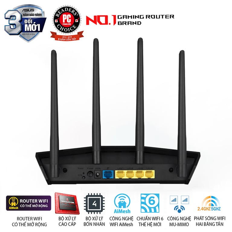Bộ Định Tuyến Wifi 6 Asus RT-AX57 (Chuẩn AX/ AX3000Mbps/ 4 Ăng-ten ngoài/ Wifi Mesh/ 45User)