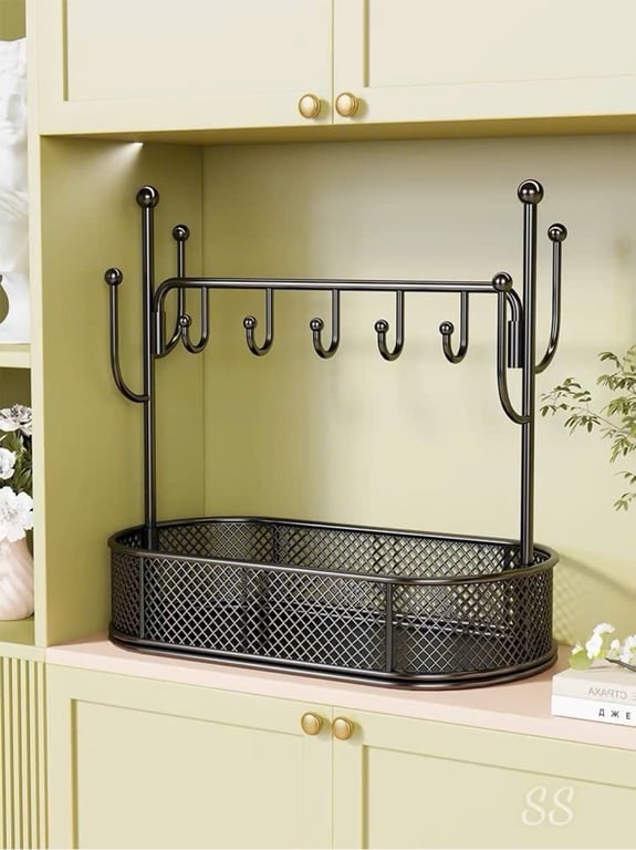 Kệ Inox 2 Tầng Có Thanh Cheo Kèm 5 Móc Tiện Lợi