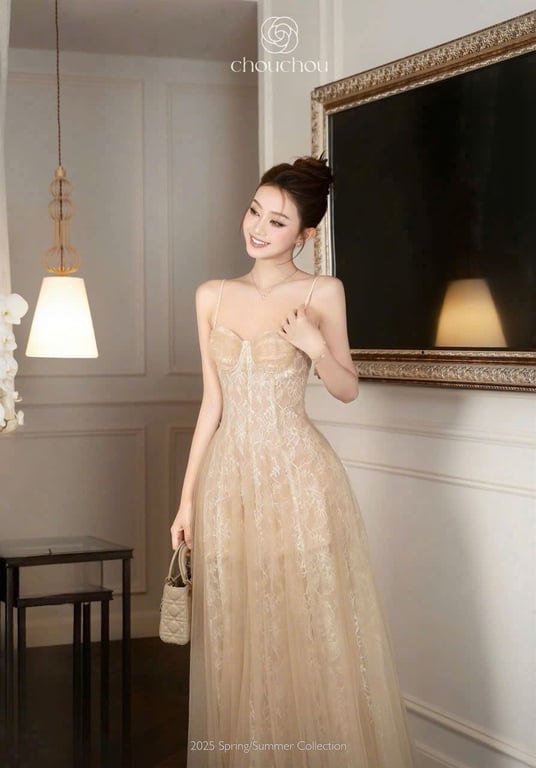 Chouchou - Váy nâu 2 dây ren phối lưới - sz M
