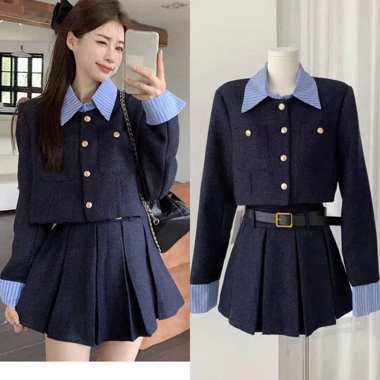 Sét 3 Món Áo Dạ Phối Cổ Sơ Mi 2 Lớp Có Đệm Vai+Chân Váy Xếp Ly Có Quần Váy