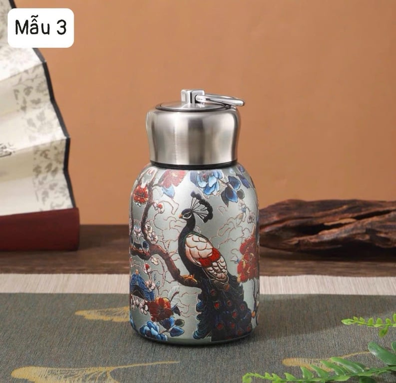 BÌNH GIỮ NHIỆT INOX 316 MINI 300ML CÓ QUAI XÁCH HỌA TIẾT HOA VINTAGE