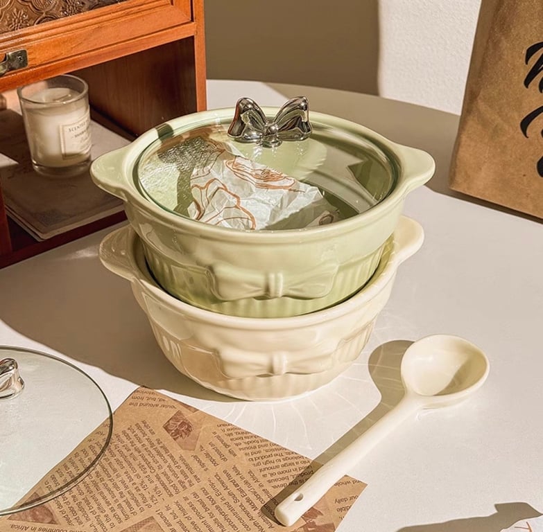 NỒI SỨ KÈM THÌA NẮP HÌNH NƠ SIÊU XINH