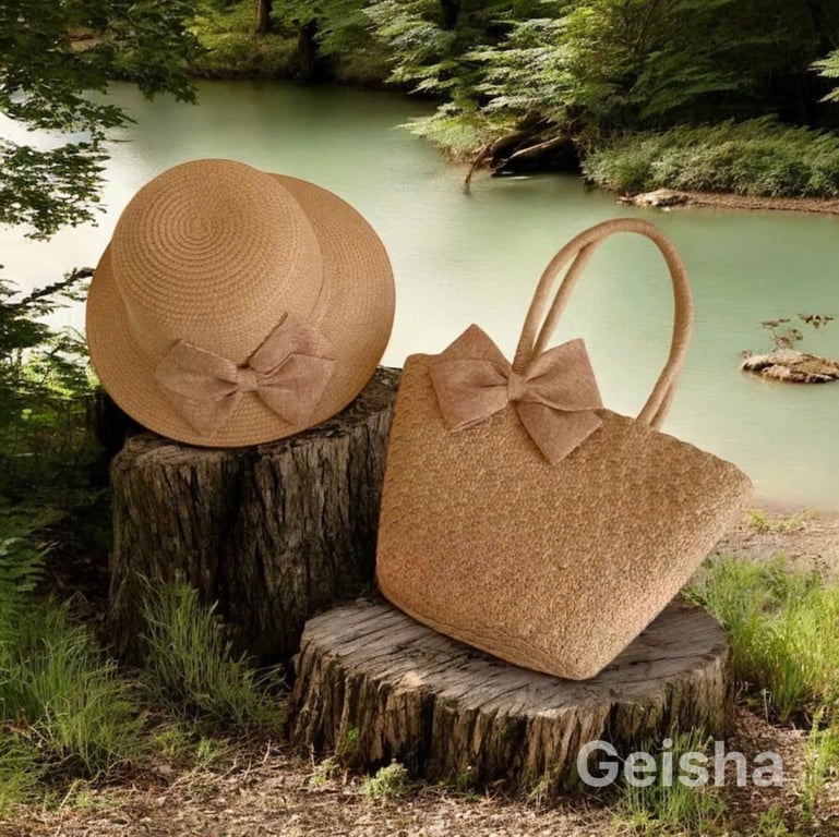 HNG29 -  Set Túi Mũ Cói Geisha đính nơ - Phong Cách Vintage Nhẹ Nhàng