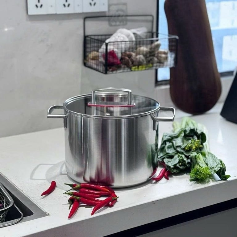 Nồi thành cao nhám mờ nắp viền đỏ 22cm inox18/10 - S363