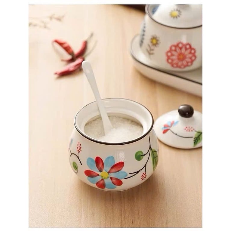 BỘ 3 HŨ ĐỰNG GIA VỊ GỐM SỨ CAO CẤP – KÈM KHAY & THÌA TIỆN LỢI