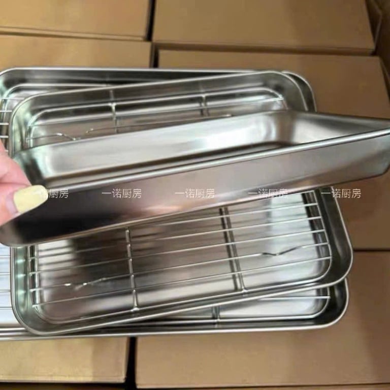 Khay inox chữ nhật kèm vỉ lưới 1 set 1 khay 1 vỉ