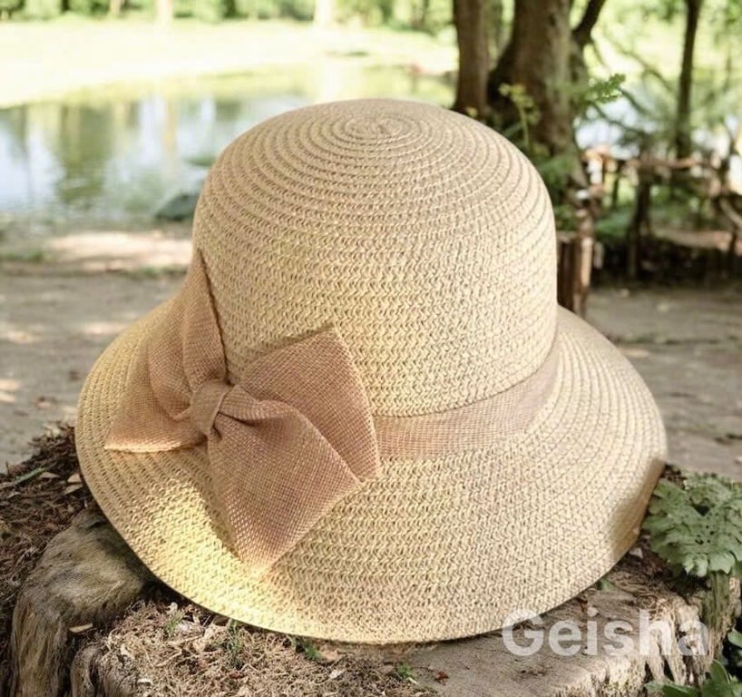 HNG29 -  Set Túi Mũ Cói Geisha đính nơ -Phong Cách Vintage Nhẹ Nhàng