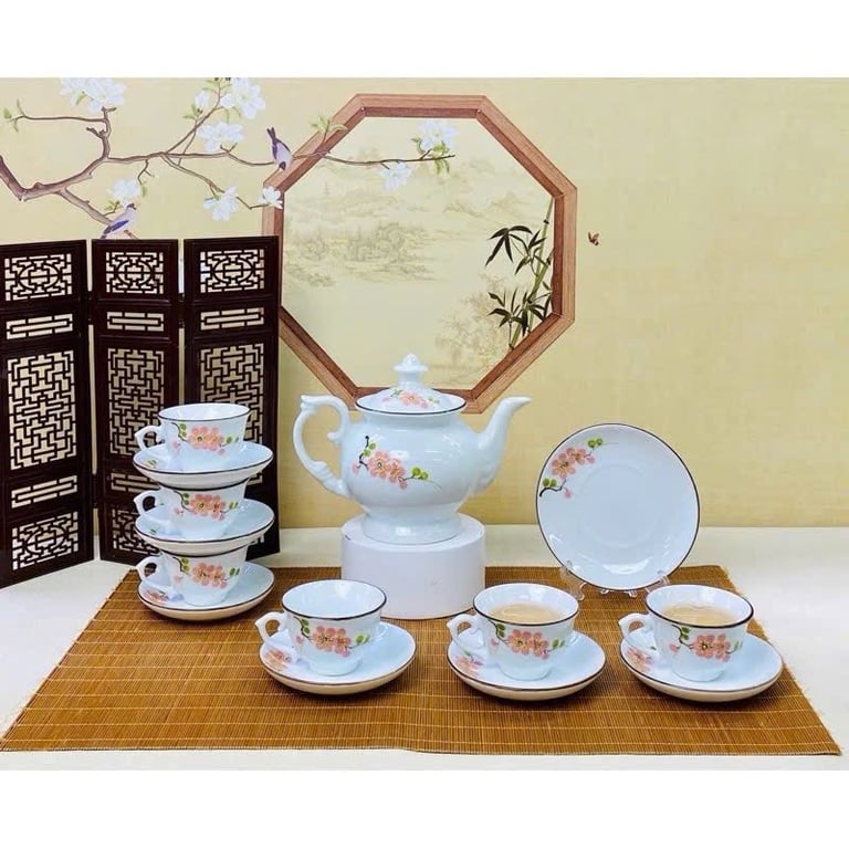Bộ ấm trà vẽ tay hoa mận nổi men trắng cao cấp Bát Tràng