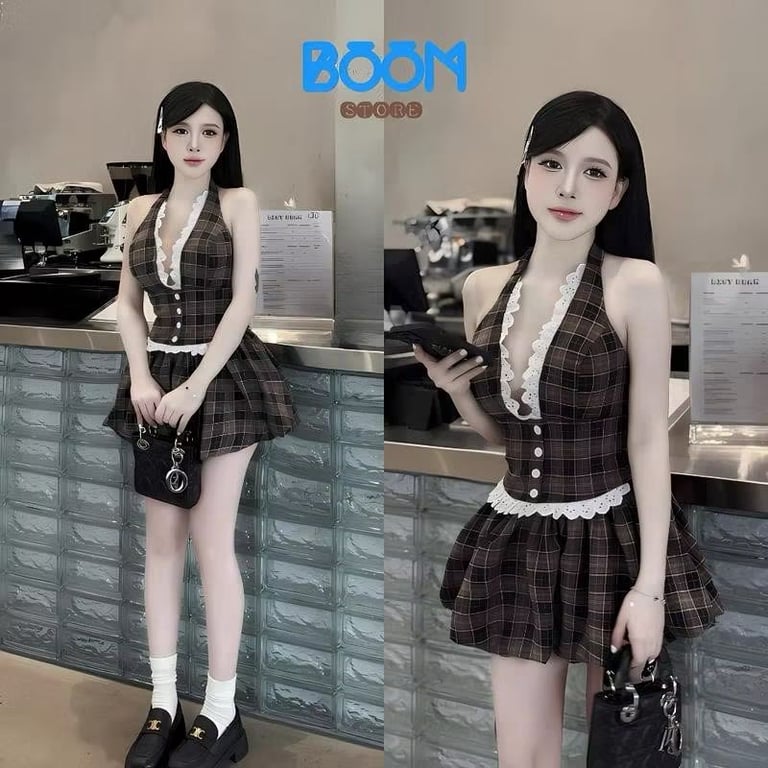 Set sọc nâu cổ V