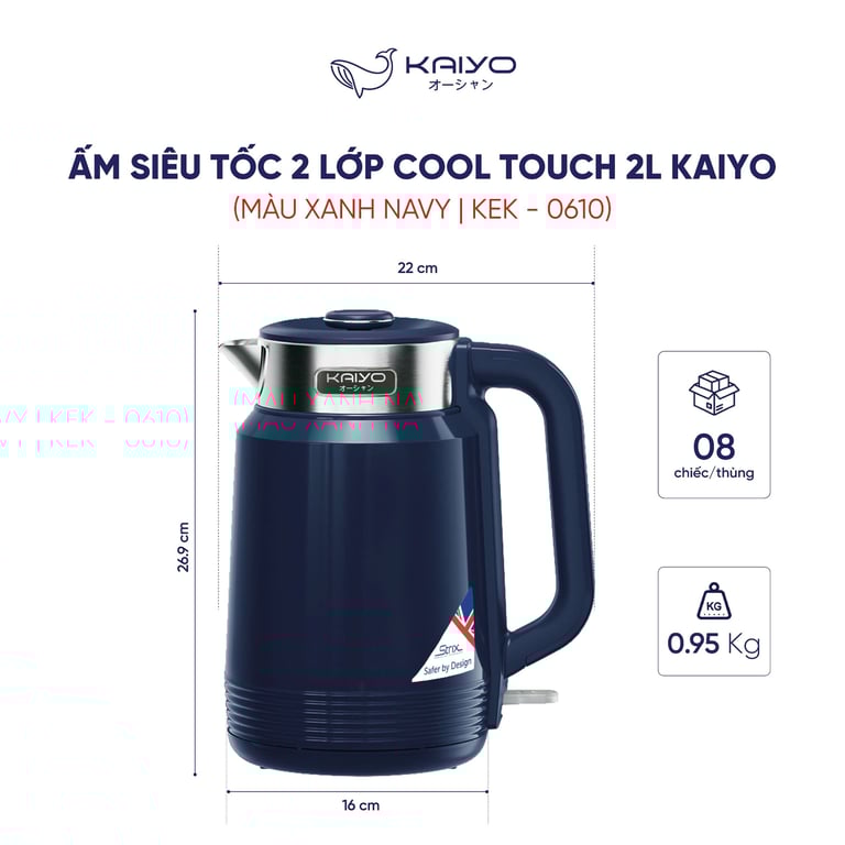 Ấm siêu tốc 2 lớp Cool touch Kaiyo size 2L