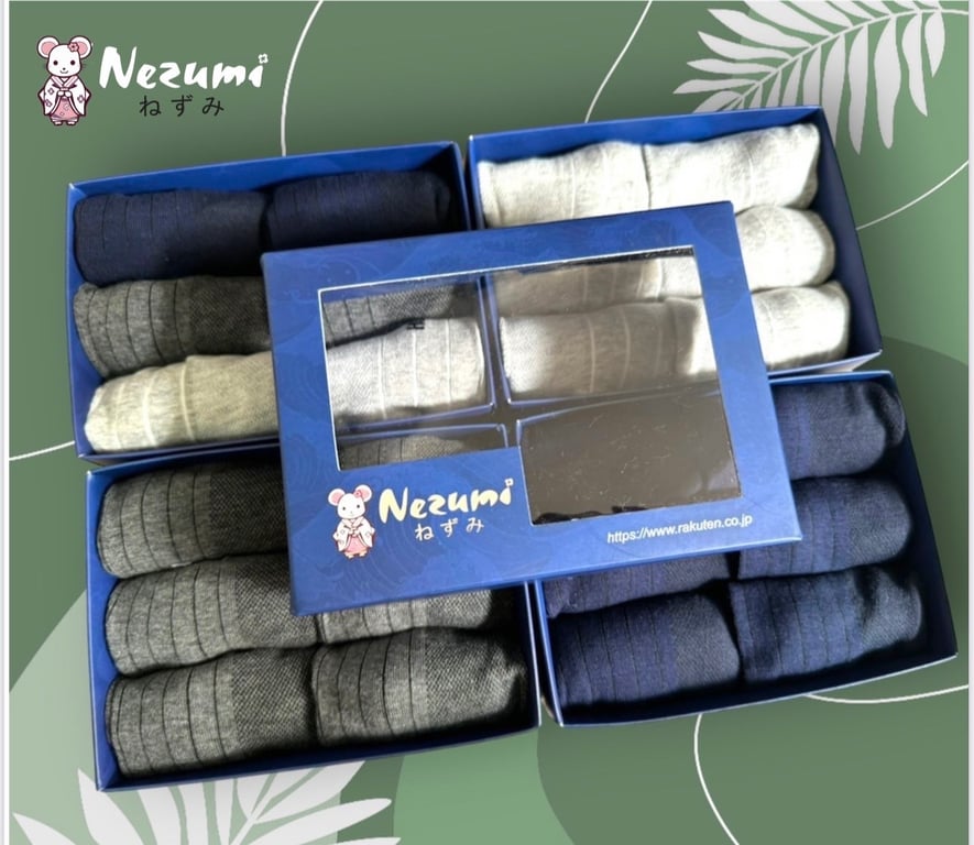 Combo Hộp 6 đôi tất cổ cao mềm mịn, kháng khuẩn có hoạ tiết trám nezumi Nhật Bản